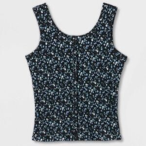 Art Class Girls' Boxy Black Floral Button-Front Lightweight Knit Tank Top. XXL.